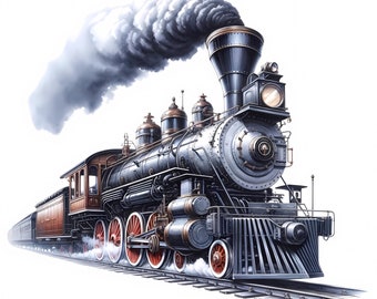 Vintage Train Clipart – Historical Steam Engine Art (Digital Download) Set of 12 JPGs