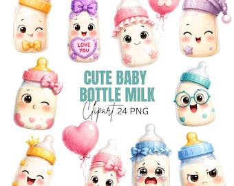 Baby Bottle Milk Clipart: Baby Shower Graphics, Nursery Art (Digital Download) 24 PNG