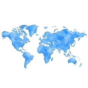 May include: A watercolor-style world map in shades of blue against a white background. The continents are depicted with soft edges, creating a textured appearance. The map shows the geographical layout of the world.