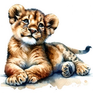 Imágenes prediseñadas de cachorro de león / 10 archivos JPG de alta calidad / Paquete de imágenes de cachorros de león adorables / Acuarela / Arte mural / Decoración infantil de vida silvestre / Uso comercial