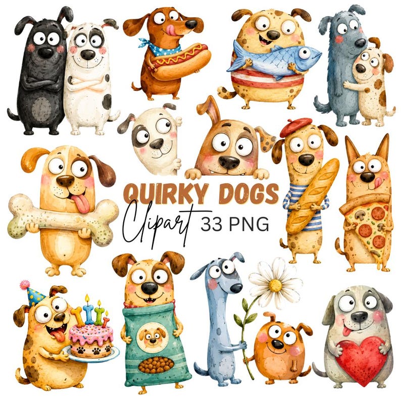 Quirky Dog Clipart: Whimsical Dogs Graphics, Funny Watercolor Puppy ...