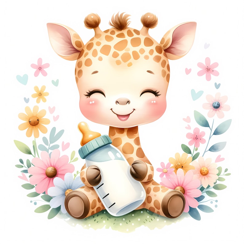 Op de afbeelding: Een schattige cartoon-giraffe met grote bruine ogen en een gelukkige uitdrukking houdt een blauwe babyfles vast. De giraffe is omringd door roze, gele en witte bloemen.