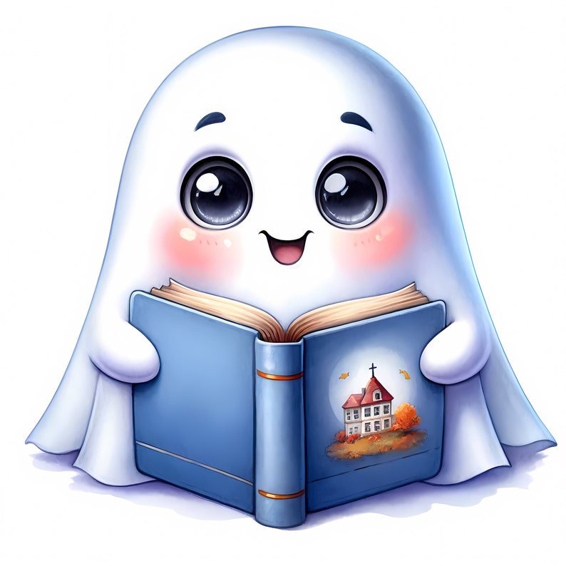 May include: A white ghost with big eyes and a happy expression is reading a blue book with a picture of a house on the cover. The book is open and the pages are yellowed.