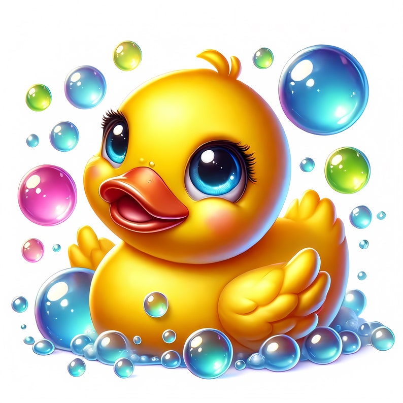 May include: A yellow rubber duck with large blue eyes and a pink beak is surrounded by colourful bubbles. The duck is sitting in a bath of soapy water.