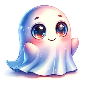 May include: A cute cartoon ghost with big blue eyes and a light pink blush. The ghost is wearing a white sheet with a blue glow.