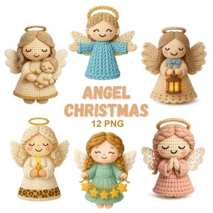 Puede incluir: Seis figuras de ángeles de punto en diferentes poses, cada una con un halo y alas. Los ángeles visten trajes de varios colores. El texto "ANGEL CHRISTMAS 12 PNG" se muestra en el centro.