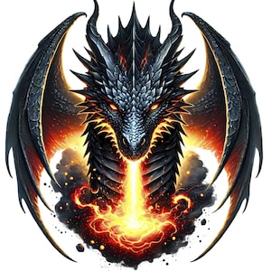 May include: A black dragon with fiery orange and yellow flames coming from its mouth. The dragon has large, black wings and a fierce expression.