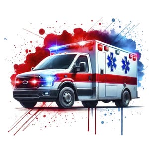 May include: A red and white ambulance with blue star of life symbols on the side. The ambulance is driving on a white background with red and blue paint splatters.