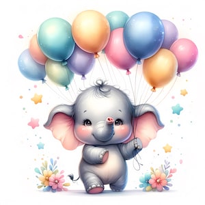 Elefante fofo com clipart de balão - 15 JPGs de alta qualidade - Balões de elefante bebê - Cartão de aniversário, gráficos de berçário, impressões digitais