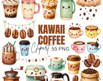 Kawaii Coffee Clipart: Adorable Coffee Cup Graphics (Digital Download) 55 PNG