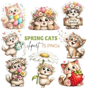 May include: A set of charming illustrations showcasing cartoon cats with floral crowns. The cats are depicted with spring-themed objects such as Easter eggs, flowers, and a watering can. The text "Spring Cats clipart 15 PNGs" is also present in the image.