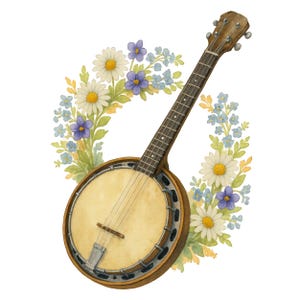 10 cliparts banjo floraux, beau banjo avec fleurs PNG, créations en papier, sublimation, aquarelle, journaux indésirables, PNG de haute qualité