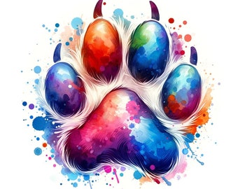 May include: A colorful watercolor painting of a paw print with a white background. The paw print is painted in shades of blue, green, red, and purple.