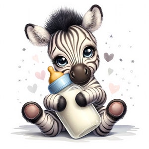 Clipart de zebra bebê com mamadeira | 11 JPGs de alta qualidade | Pacote de clipart | Arte de parede | Berçário | Chá de bebê | PaperCraft | Uso comercial