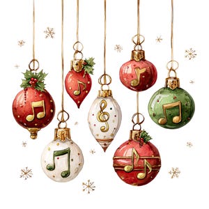 May include: Watercolor illustration of hanging Christmas ornaments. The ornaments are red, green, and white, with gold musical notes and accents. Some ornaments have holly and berry details. The background is white with gold snowflakes.