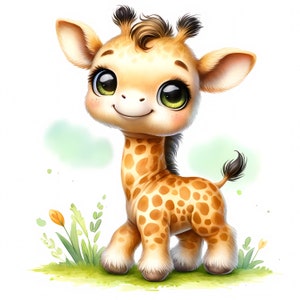 Op de afbeelding: Een schattige cartoon giraffe met een lichtbruine vacht en donkerbruine vlekken. De giraffe heeft grote groene ogen en een kleine glimlach. Het staat op groen gras met bloemen, tegen een witte achtergrond met een groene wassing.