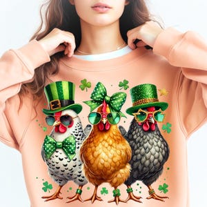 May include: Three chickens wearing green shamrock hats and sunglasses. The chickens are wearing green bow ties and have green shamrock accents. The chickens are standing on a pink background.