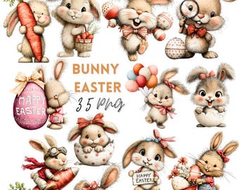Whimsical Bunny Easter Clipart: Spring Rabbit Graphics, Digital Download, 35 PNG Files