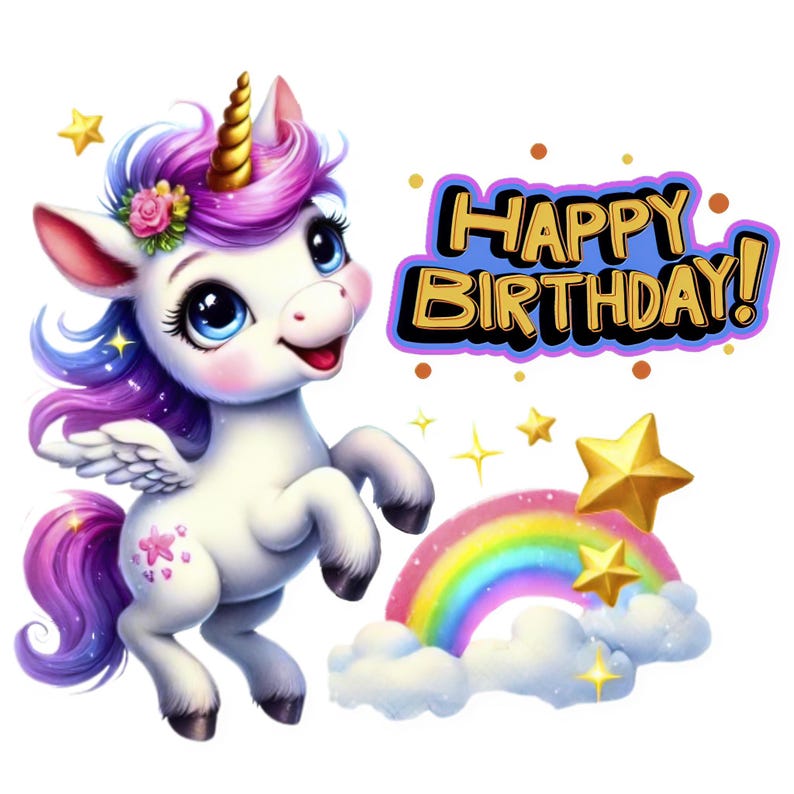 May include: A white unicorn with purple and pink mane and tail, wings, and a gold horn, is jumping in front of a rainbow and clouds. The unicorn has big blue eyes and a happy expression. The text "Happy Birthday!" is in gold letters on a blue background.