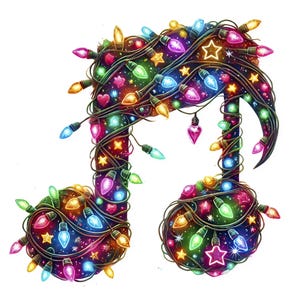 May include: A colorful Christmas music note made of twinkling lights. The note is decorated with red, green, blue, yellow, and white lights. The lights are arranged in a festive pattern, creating a cheerful and festive design.