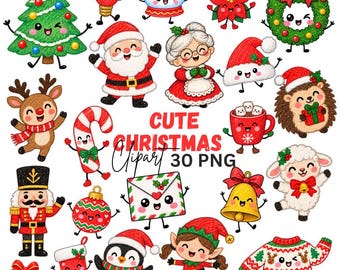 May include: A collection of colourful Christmas-themed illustrations featuring a tree, Santa Claus, Mrs. Claus, a reindeer, a nutcracker, a penguin, an elf, a wreath, a bell, a gift, a stocking, and a jumper with the text CUTE CHRISTMAS Clipart 30 PNG.