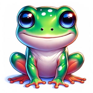 Puede incluir: Una rana verde con manchas blancas y grandes ojos azules se sienta con las patas metidas debajo del cuerpo. La rana tiene una amplia sonrisa y un vientre rosa claro.