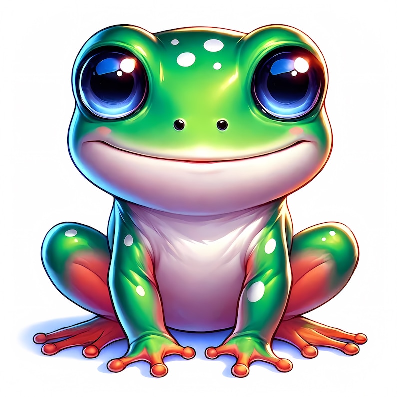 Puede incluir: Una rana verde con manchas blancas y grandes ojos azules se sienta con las patas metidas debajo del cuerpo. La rana tiene una amplia sonrisa y un vientre rosa claro.