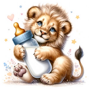 Bebê Leão com Mamadeira Clipart | 11 JPGs de Alta Qualidade | Pacote de Clipart | Decoração de Berçário | Chá de Bebê | PaperCraft | Uso Comercial
