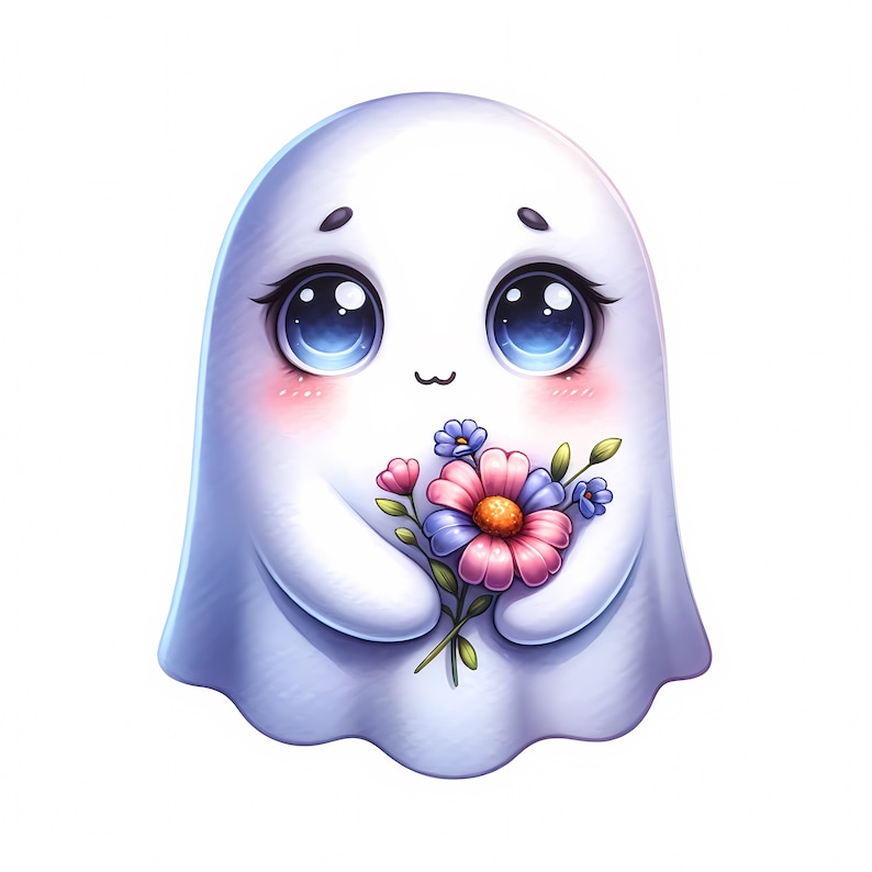 May include: A cute cartoon ghost with big blue eyes and a pink blush holding a bouquet of pink and blue flowers.