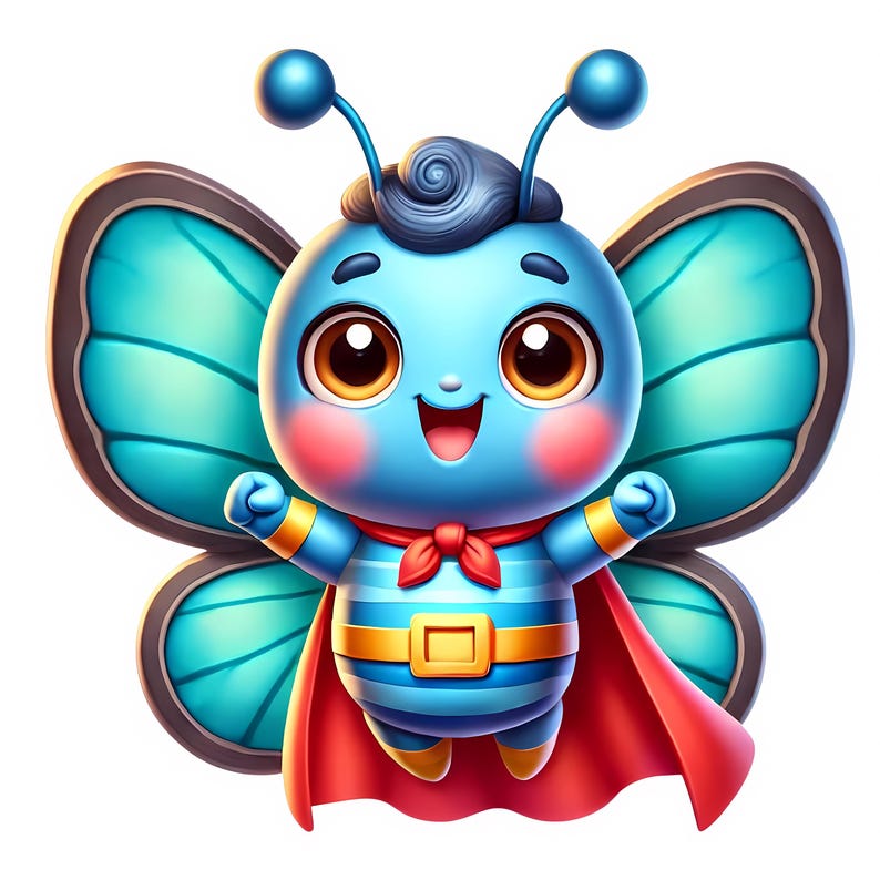 Puede incluir: Una mariposa azul con una capa roja y un cintur&oacute;n amarillo, que lleva una camisa a rayas azul y blanca. La mariposa tiene ojos grandes y una expresi&oacute;n feliz.