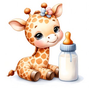 Op de afbeelding: Een schattige cartoon-giraffe met bruine vlekken en een roze bloem op zijn kop houdt een blauwe babyfles vast met een wit deksel en een gele speen.