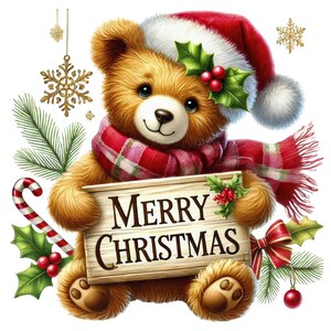 May include: A brown teddy bear wearing a red and white checked scarf and a Santa hat with holly and red berries. The bear is holding a wooden sign that says "Merry Christmas".