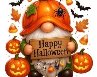 Cute Halloween Gnome Clipart, Pumpkin Fall Illustration (PNG Download)