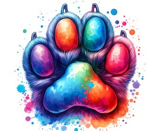 May include: A colorful paw print with a rainbow design and a watercolor effect. The paw print is surrounded by colorful paint splatters.