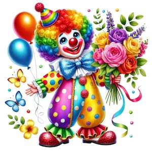 15PNG, lindo payaso de cumpleaños, paquete festivo de payasos de cumpleaños, payaso de circo de cumpleaños, clipart de payasos coloridos, imprimibles, uso comercial