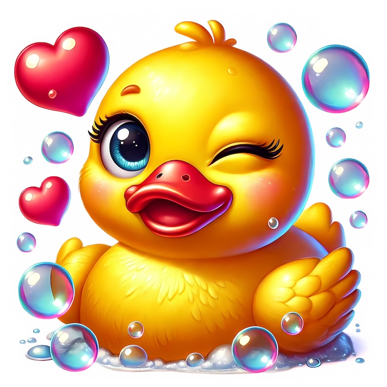 May include: A yellow rubber duck with a winking eye and a red beak surrounded by colourful soap bubbles. The duck is smiling and has a happy expression.