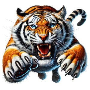 Puede incluir: Primer plano de un tigre con rayas naranjas y negras, ojos azules y una expresión feroz. El tigre está gruñendo con la boca abierta, mostrando sus dientes. Las garras del tigre están extendidas y su cola está enroscada detrás de él.