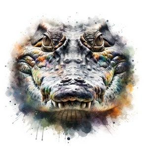 May include: Close-up of a crocodile's face with a watercolor effect. The crocodile's eyes are open and its mouth is closed, showing its teeth. The background is a white watercolor wash.