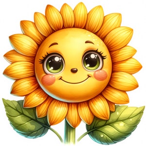 Clipart tournesol souriant | 10 fichiers JPG de haute qualité | Joli lot de cliparts tournesol | Aquarelle | Imprimables | Utilisation commerciale