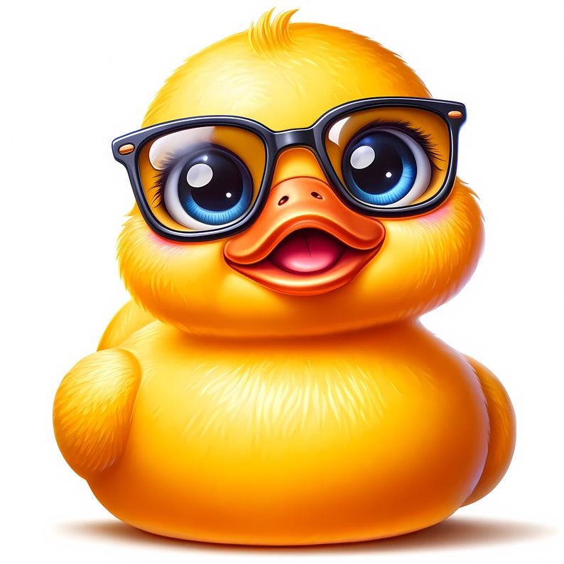 Peut inclure: Un canard en caoutchouc jaune portant des lunettes &agrave; monture noire avec des verres bleus. Le canard a un large sourire et de grands yeux ronds.
