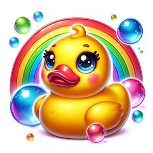 May include: A yellow rubber duck with a rainbow behind it and colourful bubbles surrounding it. The duck has big blue eyes and a red beak.