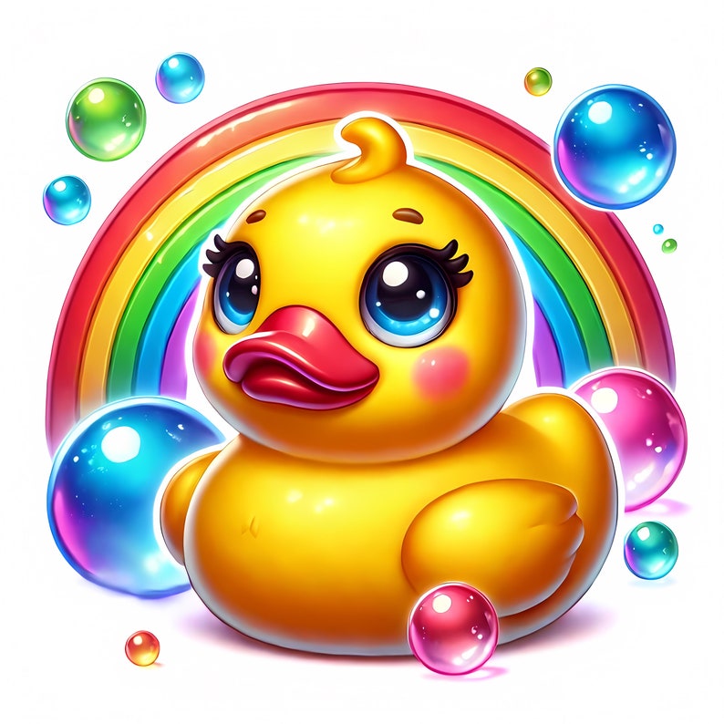 May include: A yellow rubber duck with a rainbow behind it and colourful bubbles surrounding it. The duck has big blue eyes and a red beak.