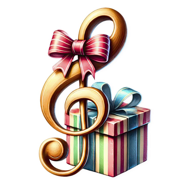 May include: A gold treble clef with a red and white bow on top, holding a striped gift box with a blue ribbon.