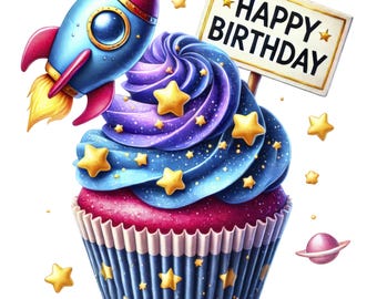 Clipart verjaardag cupcake | Rocket, Stars png-bundel (digitale download)