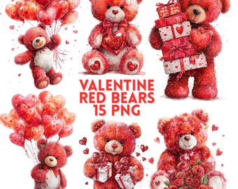 Valentine's Day Red Teddy Bear Clipart: Romantic Valentine Graphics (Digital Download) 15 PNGs