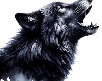 Imágenes prediseñadas de lobo negro: ilustración de un majestuoso lobo aullando (descarga digital)