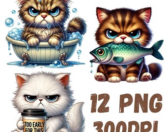 Clipart de gato gruñón en acuarela: Meme gracioso de gato (12 PNG) (Descarga digital)