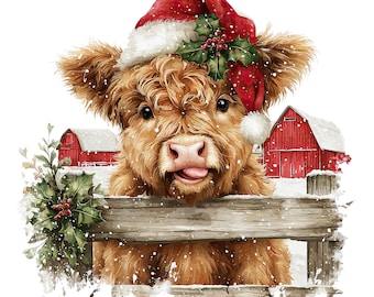 Christmas Peeking Highland Cow Clipart | Holiday Farm Graphics | Digital Download | 12 PNG Files
