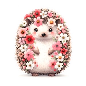K&ouml;nnte beinhalten: Ein niedlicher Comic-Igel mit braunem K&ouml;rper und rosa und wei&szlig;en Blumen um den Kopf. Der Igel steht auf wei&szlig;em Hintergrund.