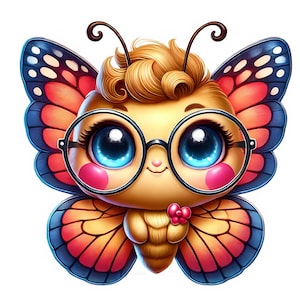 Puede incluir: Una mariposa de dibujos animados con grandes ojos azules y mejillas rosadas que lleva gafas redondas negras. La mariposa tiene alas naranjas y rojas con contornos negros.